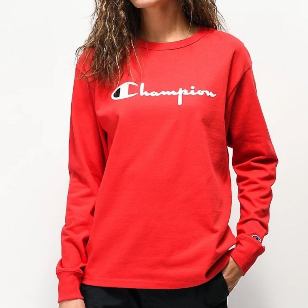 Champion Red Longslv. With Flock Script. - image 1